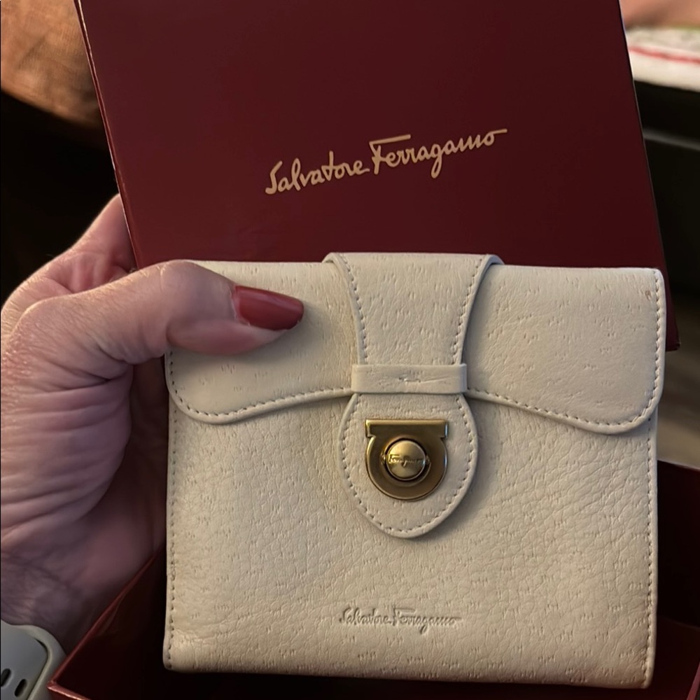 Salvatore Ferragamo Cream Leather Wallet with Gold Clasp